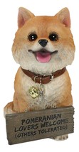 Adorable Pet Pal Pomeranian Puppy Dog With Jingle Collar And Plank Sign Statue - £52.39 GBP