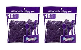 Heavy Duty Plastic Cutlery Set in Purple - 32 Spoons, 32 Forks, 32 Knives - £5.46 GBP
