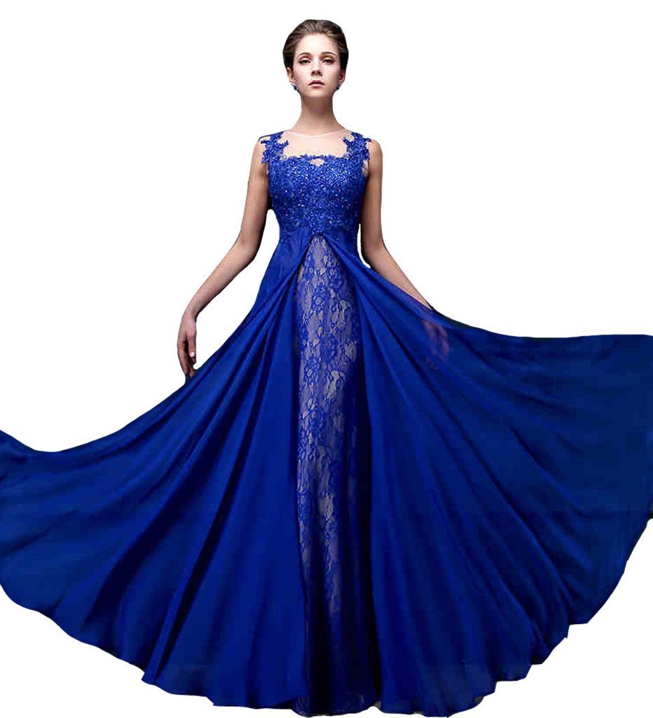 Kivary Women's Royal Blue Chiffon Lace Sheer Beaded Long Formal Evening Dresses