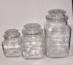 3 Vintage Anchor Hocking Square Apothecary  Jar Canisters Starburst Lid ... - $68.00