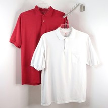 2pc Hanes ComfortBlend EcoSmart Men&#39;s XL Red &amp; White Short Sleeve Polo Shirts - £7.86 GBP