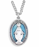 Sterling Silver Oval Blue Enameled Miraculous Antiqued Medal Necklace &amp; Chain - £71.93 GBP