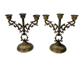 Vintage Brass Candle Holder Candelabra Triple 3 Tier Ornate Filigree Set of 2 5&quot; - $26.99