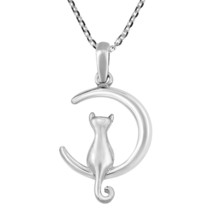 Charming Kitty Cat Sitting on Crescent Moon Sterling Silver Necklace - £16.30 GBP
