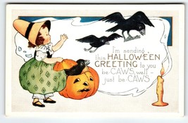 Halloween Postcard Black Crows Ghost Girl Pumpkin Candle Unused Vintage Whitney - $55.58