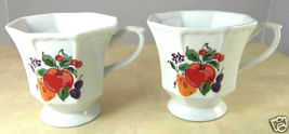 2 Hallmark Glass Coffee Cups White with Fruit Decor 3.75&quot; Peach Cherries Pear - £9.40 GBP