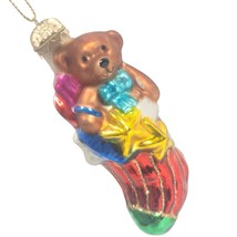 Thomas Pacconi Museum Series Christmas Teddy Bear Red Stocking Glass Ornament 4&quot; - £10.25 GBP