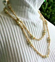 Elegant Iridescent Cream Glass Bead Necklace 1960s vintage 27&quot; - £11.84 GBP