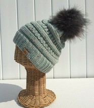 Kids Slouchy Green Knit w/ Confett with Faux fur Pom Winter Beanie Hat S... - $8.59