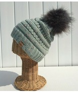 Kids Slouchy Green Knit w/ Confett with Faux fur Pom Winter Beanie Hat S... - £6.84 GBP
