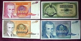 4 pieces of Nikola Tesla banknotes 1000 Yugoslavia 1990 1991 1992 and 50... - £9.23 GBP