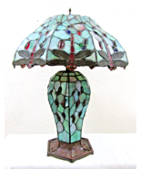Tiffany Style Dragonfly Stained Glass Body and Shade Dual Light Table Lamp - $338.21 CAD
