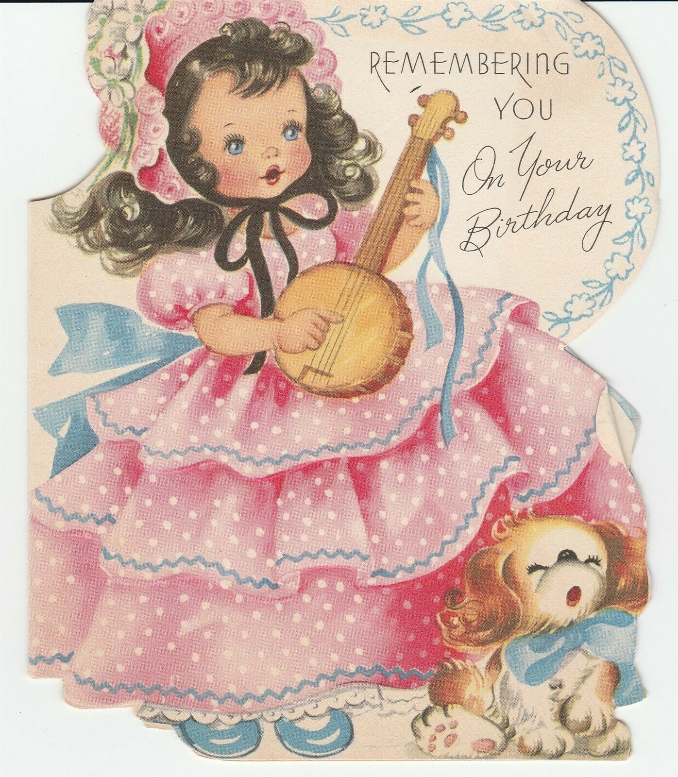 Primary image for Vintage Birthday Card Girl Plays Banjo Dog Howls 1950's Forget Me Not Die-Cut