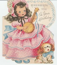 Vintage Birthday Card Girl Plays Banjo Dog Howls 1950&#39;s Forget Me Not Di... - $10.88