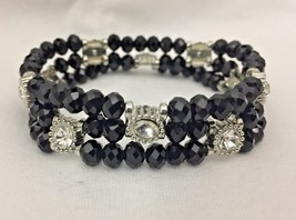 Vintage Costume Jewelry, 3 Strand Black Glass Bead, Rhinestone Bracelet ... - $12.69