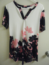 Lily by FIRMIANA MED SHORT SLEEVE PINK WHITE BLACK FLORAL  Stretch Tunic... - $17.99