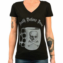 Lowbrow Art Death Before Decaf Skull Knux Vneck Black Tee Tattoo Top S-M... - $25.95