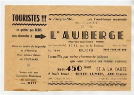 L&#39;Auberge Menu &amp; Flyer Rue Porte Bastille Blois France  - $17.82