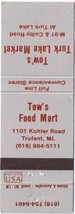 Matchbook Cover Tow&#39;s Turk Lake Market Turk Lake Michigan - £1.73 GBP