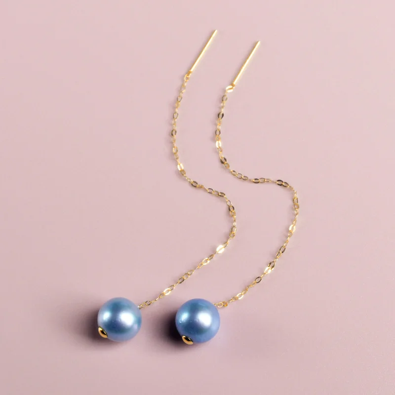 Real Gold Earrings Natural Freshwater pearl Long Blue 7-8AU750 Brand Jewelry Wom - £57.50 GBP