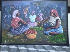Kasongo African Artist, Vtg Oil Painting Tribal African Market Women, 59 x 89 cm - £180.17 GBP