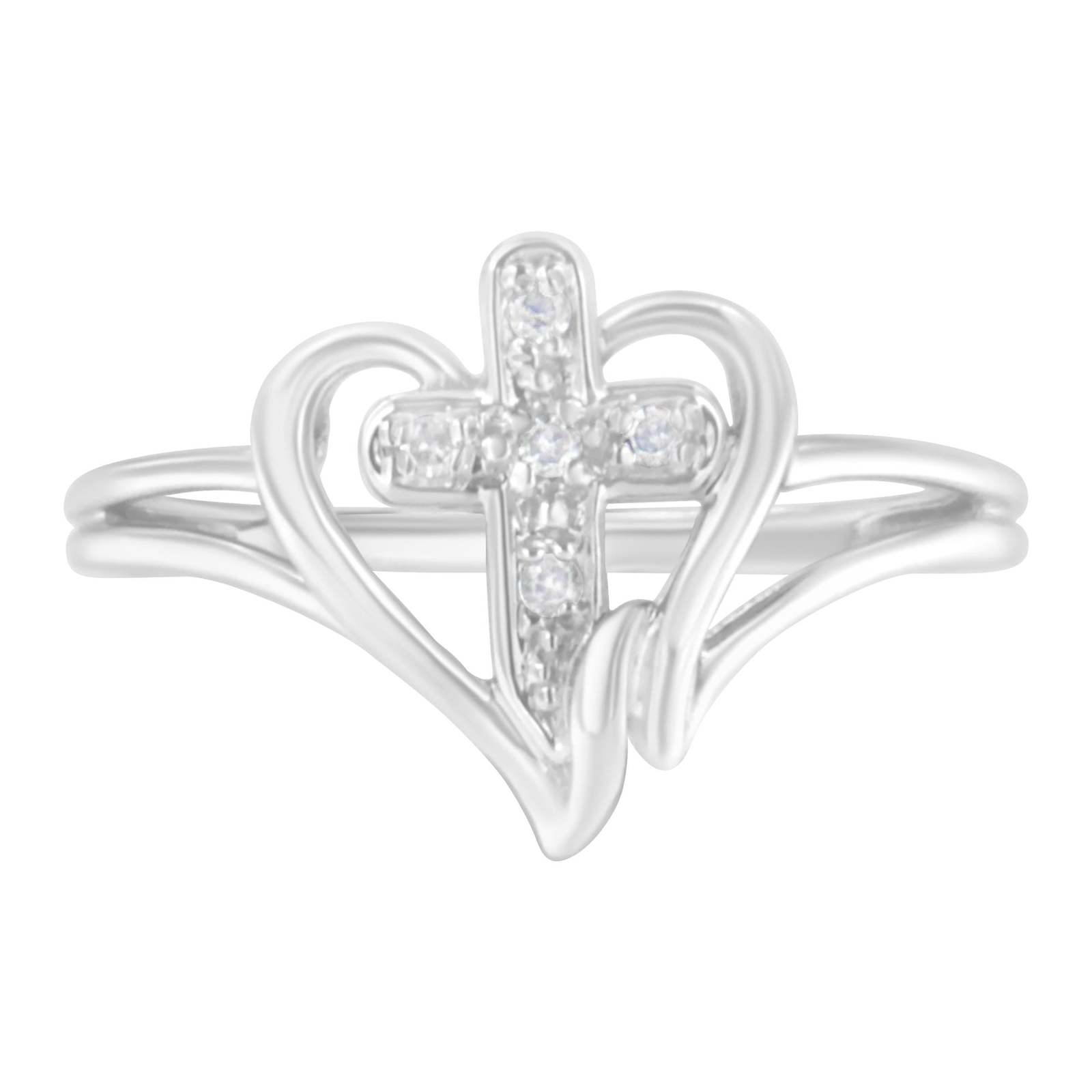 10K White Gold Diamond Cross & Open Heart Fashion Ring - Timeless Elegance