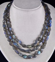 Natural Black Labradorite Beads Faceted Tumble 3 Line 573 Cts Gemstone Necklace - £258.19 GBP