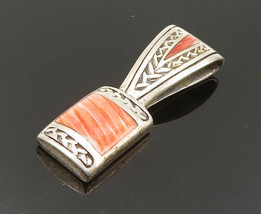 CAROL FELLEY 925 Silver - Vintage Inlaid Coral Square Pendant - PT19838 - £55.29 GBP