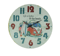 Weathered White Wood Vintage Surfer Bus Wall Clock - $29.68