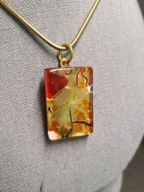 Genuine Murano Signed Art Glass Rectangle Pendant Red Orange Necklace Go... - £18.94 GBP