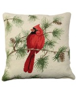 Throw Pillow Needlepoint Cardinal Sitting on Pine Branch Bird 18x18 Beig... - $414.29 CAD