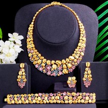 Pera Magnificent 4Pcs Pink Blue CZ Indian Gold Color Bridal Wedding Choker Neckl - £110.07 GBP