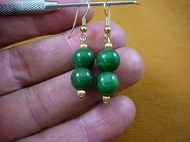 (ee403-10) 10mm Green Jade Canada gemstone 2 bead dangle gold wire earrings - £12.69 GBP