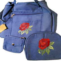 NEW Gold Coast 3 pc Rose Embroidered Denim Purse Pouches Set DG4 Zip up Makeup  - £17.88 GBP