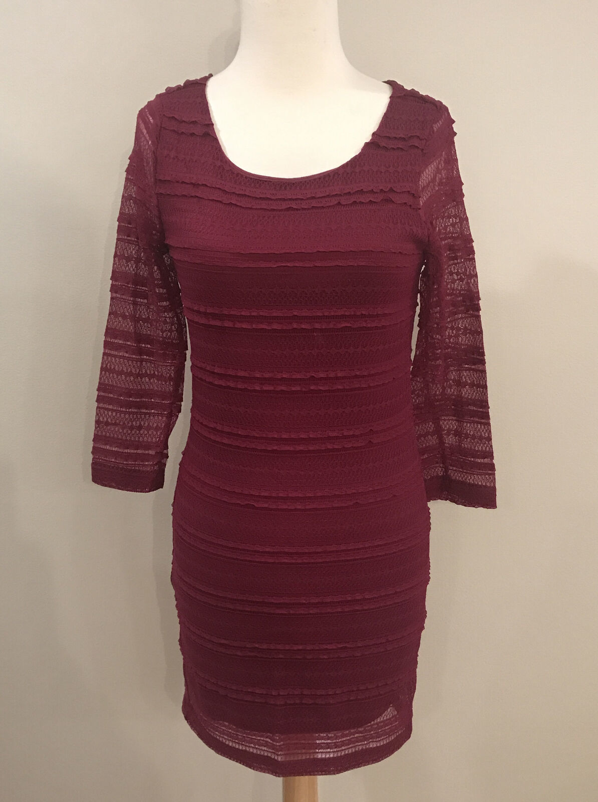Primary image for Forever 21 Long Sleeve Sheer Lace Mini Dress Burgundy Red Lined Size Small