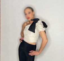 Zara Black Bow White Top One Shoulder Smocked Ruched Top Flirty Formal C... - $76.13