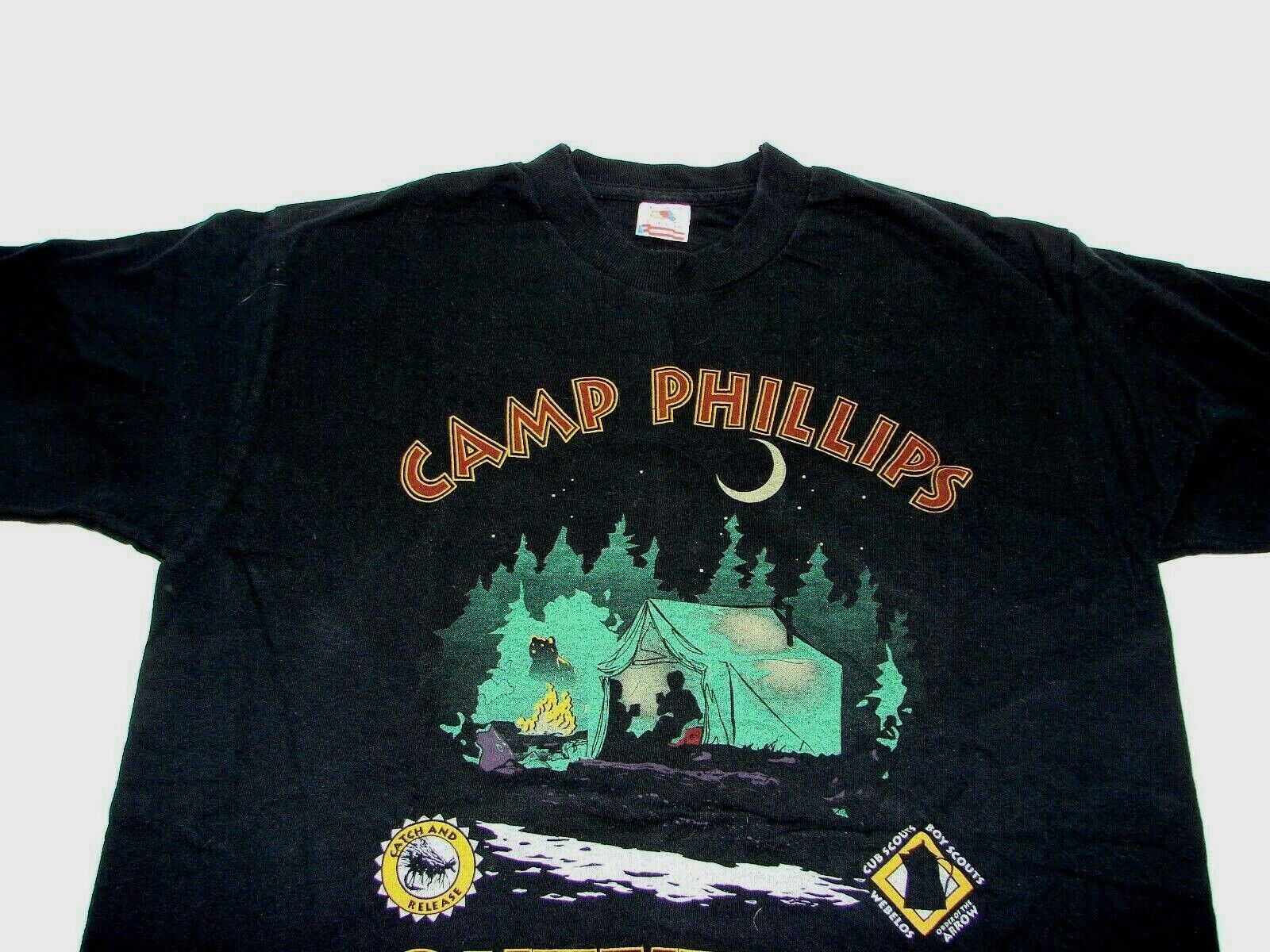 Primary image for Vintage Camp Phillips Outfitters Boy Scouts Black T-Shirt Tee 1995 Men's Large 
