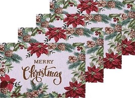 4 Same Tapestry Placemats, 13&quot;x19&quot;, Poinsettia Flowers Frame,Merry Christmas, Hc - £14.78 GBP