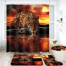 4 Pcs Leopard Cheetah Shower Curtain Set with Rugs Toilet Lid Cover Bath Waterpr - £35.88 GBP