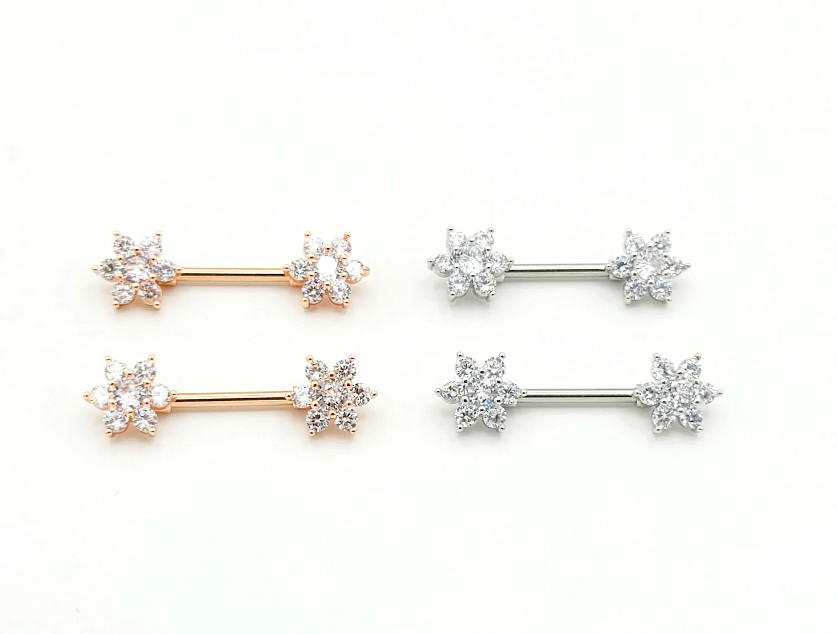 Sparkly Crystal Flower Nipple Rings - Rose Gold - Silver - 14 Gauge - £10.81 GBP