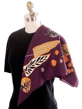 Vintage Acetate  Scarf  Fab Abstract Leaf Pattern Eggplant  Gold Silver ... - $27.72