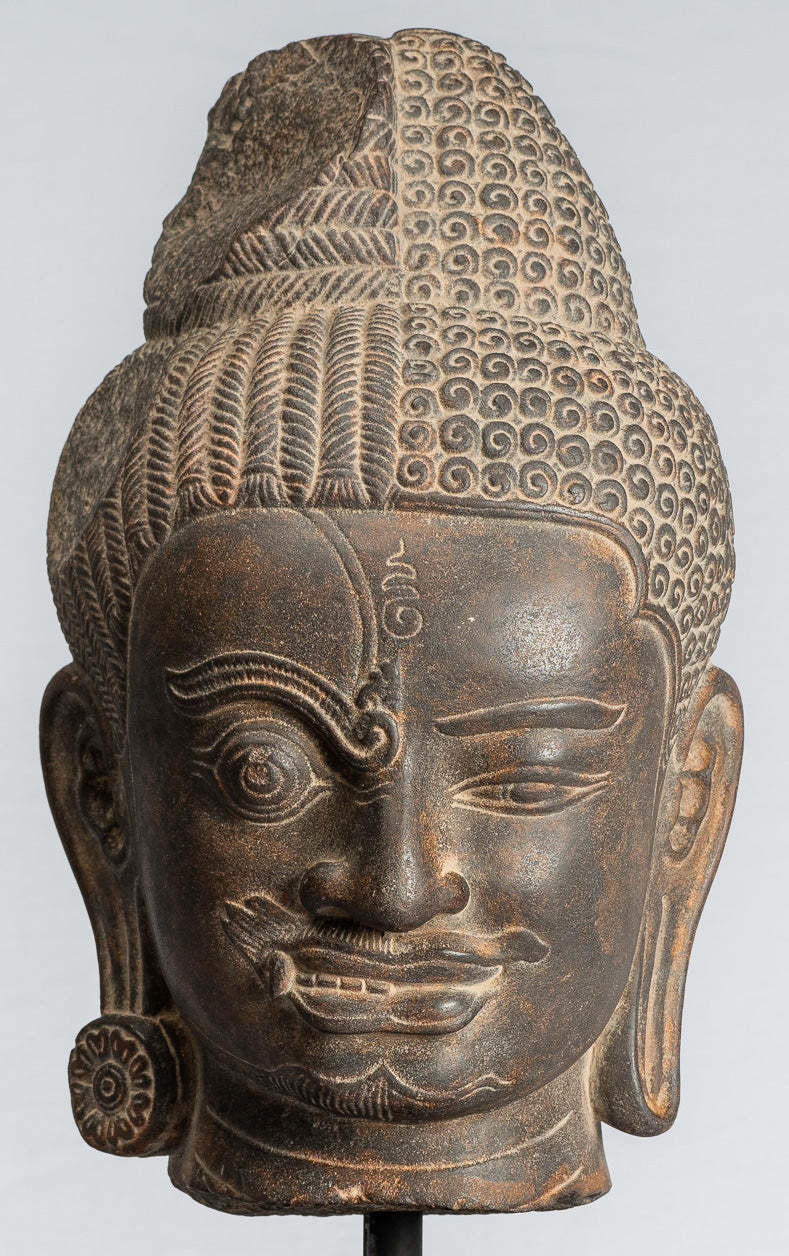 Primary image for Antique Khmer Style Black Stone Yaksha & Yakshaswaroop Shiva Head  - 47cm/19"