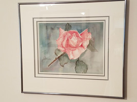 Signed J. Deave Matted &amp; Framed Pink Rose Watercolor Painting - £79.09 GBP