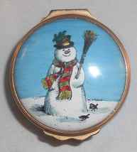 Beautiful English Small Round Cartier© Enameled Box Colorful Snowman Dec... - $55.00