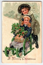 Christmas Postcard Children Girl On Sled Snow Flakes Icicles Germany Embossed - $19.80