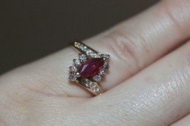 Fine 14K Yellow Gold Marquise Ruby &amp; Round Diamond Accent Ring Size 6.5 - £405.95 GBP