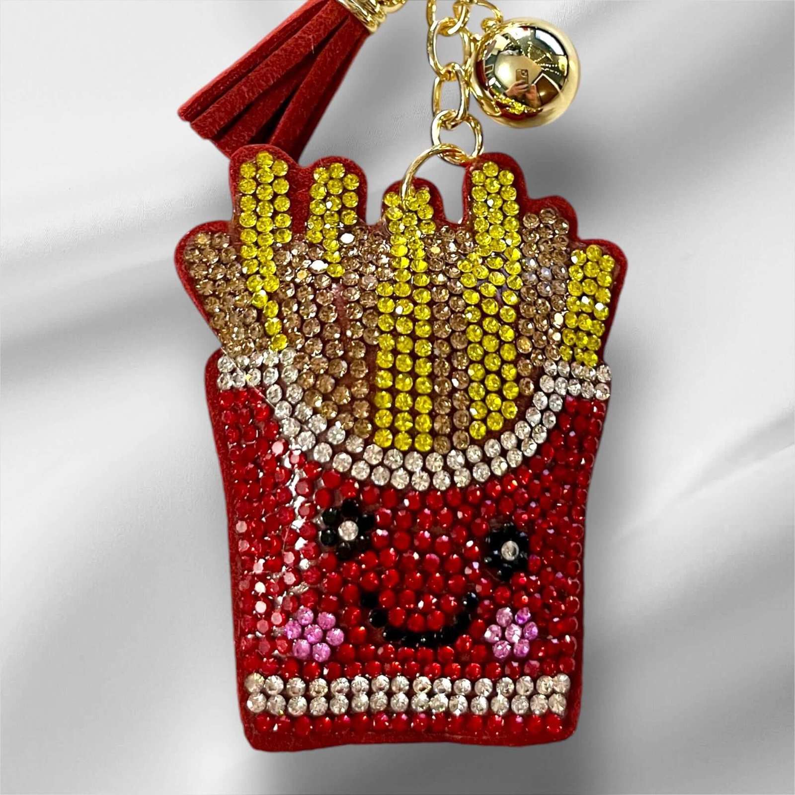 Chic French Fries Keychain, featuring sparkling rhinestones and a vibrant red ta
