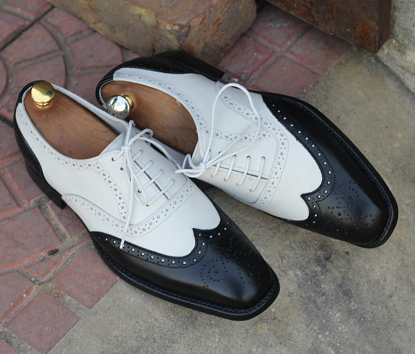 Handmade Men Black White Leather Wing Tip Brogue Shoes, Men Dress Fashion Shoes