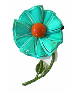Vintage Aqua Teal &amp; Green Tiered Daisy Flower Brooch Pin Long Stem Brigh... - £12.98 GBP