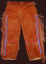 Men's Redish Buckskin Handmade Sioux Beaded Mountain Man Style Fringed Pants - $78.87+